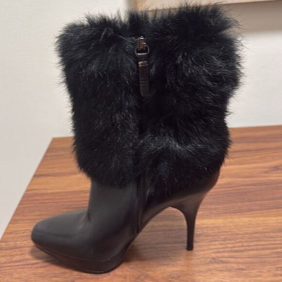 Via Spiga Eshy Black Leather Ankle Boots with Fur Cuff Platform, Stiletto Heel. - Picture 3 of 8